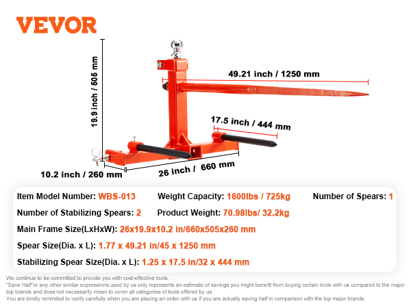 VEVOR hay spear, model wbs-013, 1600lbs capacity, 49.21-inch length, with stabilizing spears.