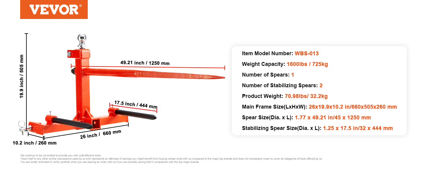 VEVOR hay spear, model wbs-013, 1600lbs capacity, 49.21-inch length, with stabilizing spears.