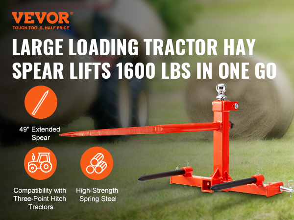 VEVOR hay spear for tractors, features a 49" extended spear, lifts 1600 lbs, compatible with three-point hitch.