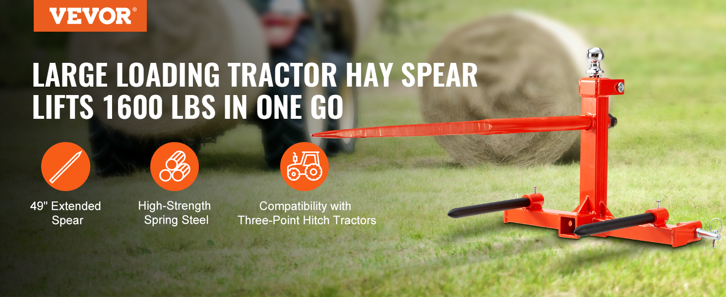 VEVOR hay spear for tractors, features a 49" extended spear, lifts 1600 lbs, compatible with three-point hitch.