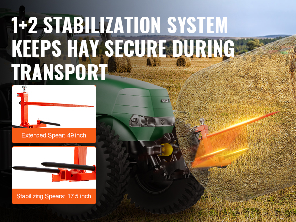 tractor using VEVOR hay spear system secures hay bales with 49-inch and 17.5-inch spears in a field.