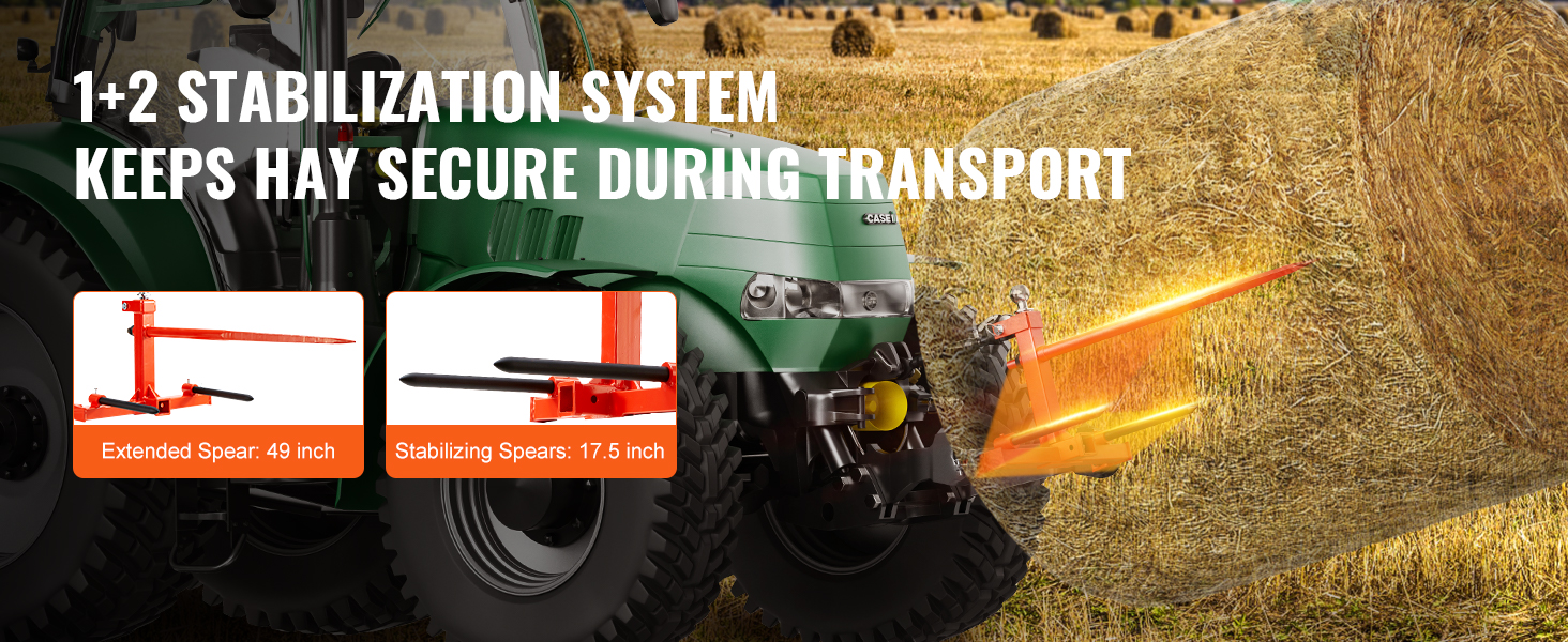 tractor using VEVOR hay spear system secures hay bales with 49-inch and 17.5-inch spears in a field.