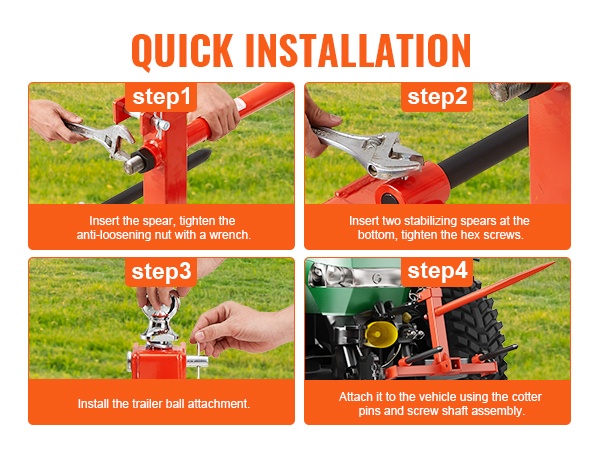quick installation steps for VEVOR hay spear: tightening, stabilizing, chain installation, and attachment.