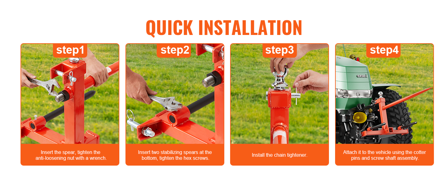 quick installation steps for VEVOR hay spear: tightening, stabilizing, chain installation, and attachment.