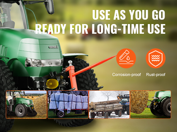 green tractor with VEVOR hay spear lifting hay bales, emphasizing corrosion-proof and rust-proof features.
