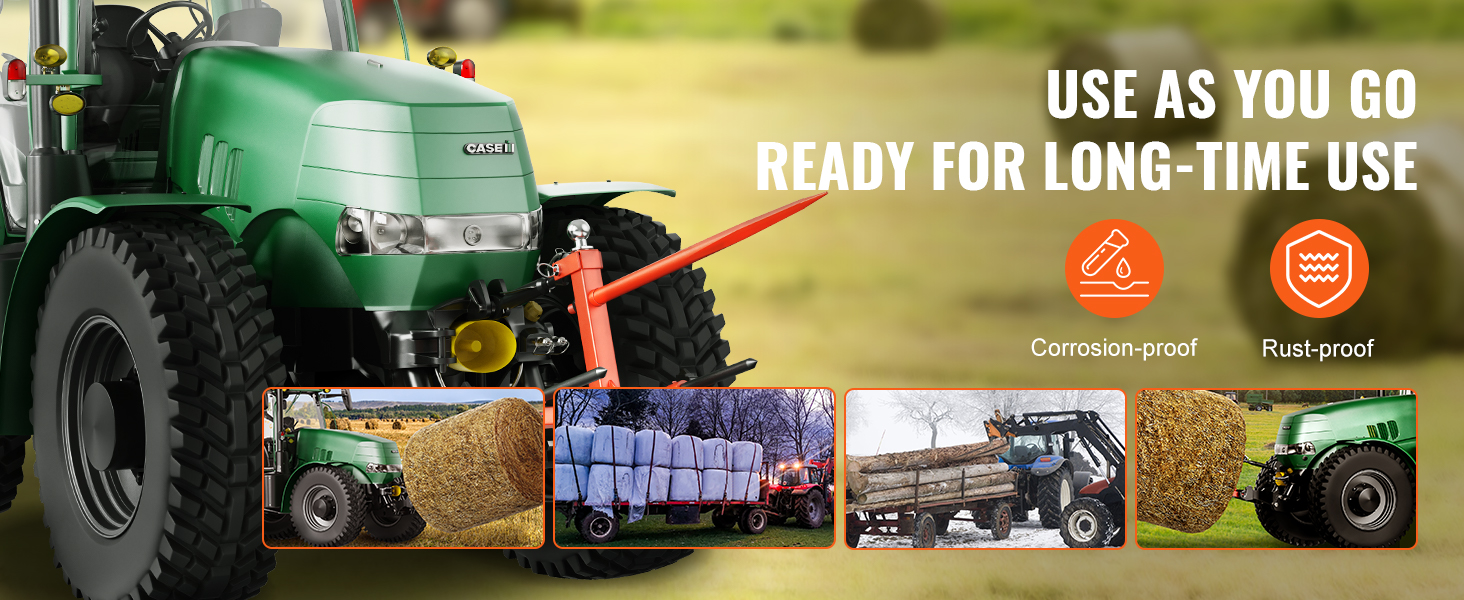 green tractor with VEVOR hay spear lifting hay bales, emphasizing corrosion-proof and rust-proof features.