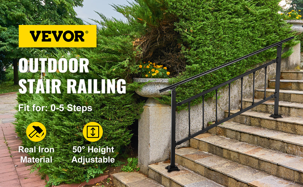 VEVOR outdoor stair railing on stone steps with green shrubs and flowers nearby.