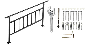 VEVOR outdoor stair railing with installation tools and hardware.