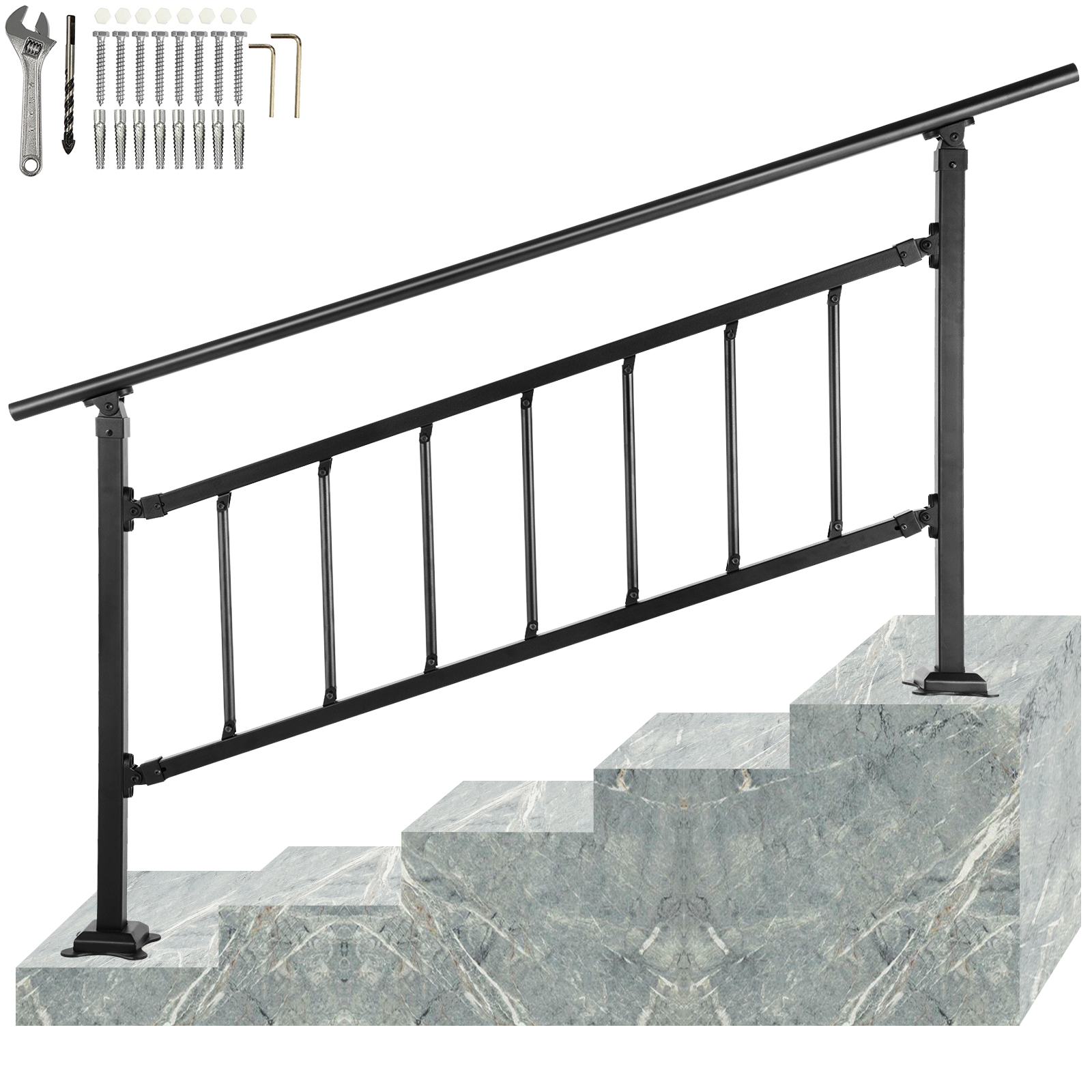 VEVOR outdoor stair railing, black, installed on gray marble steps, with installation kit.