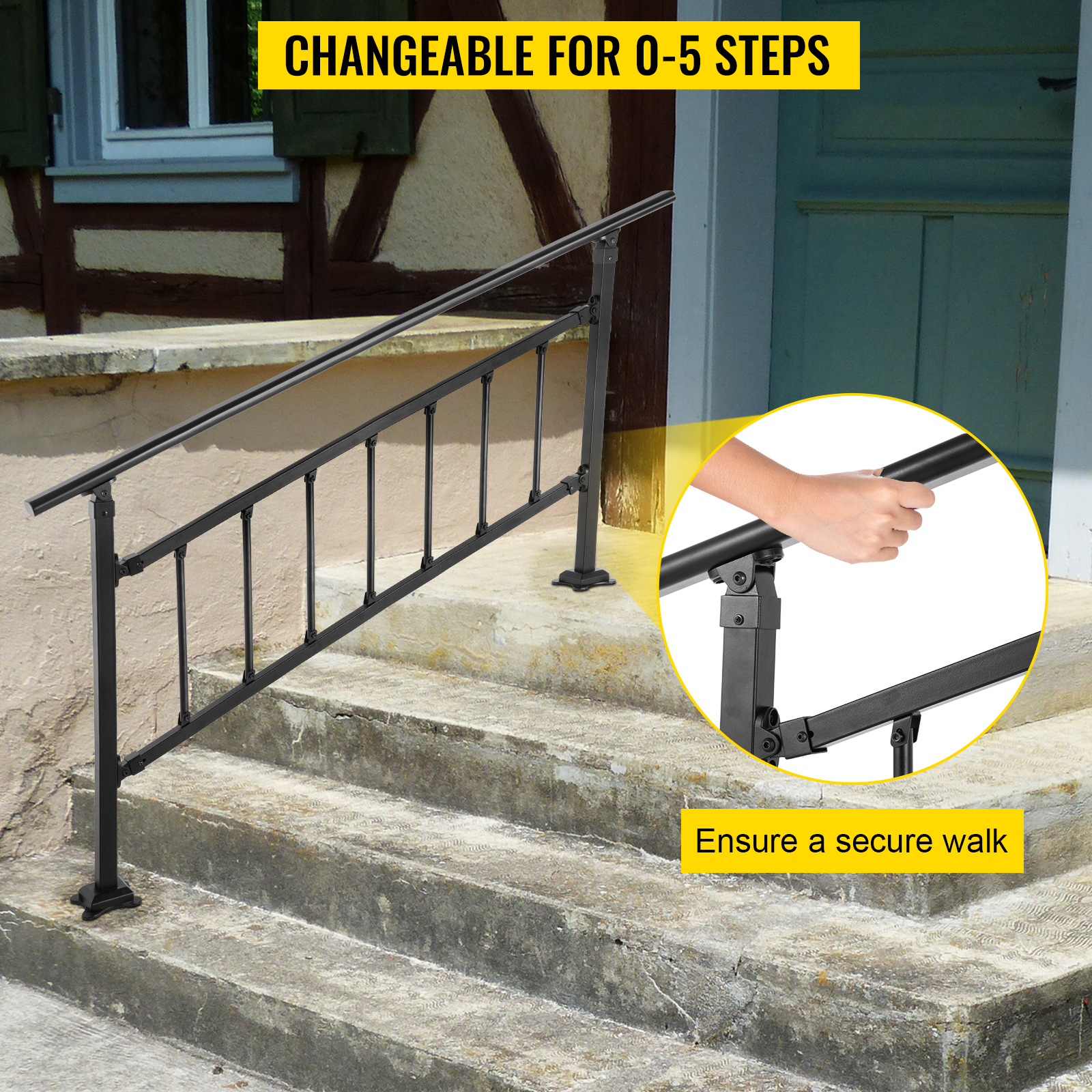 VEVOR outdoor stair railing adjustable for 0-5 steps, ensuring a secure walk.