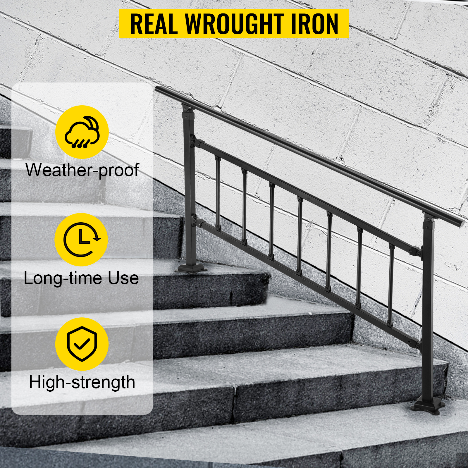 VEVOR outdoor stair railing, weather-proof, long-time use, high-strength wrought iron.