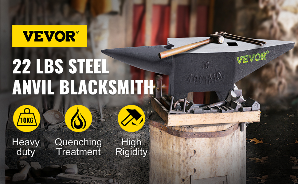 VEVOR cast steel anvil, 22 lbs, blacksmith, heavy duty, quenching treatment, high rigidity.