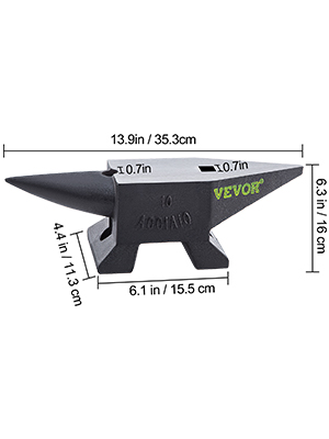 VEVOR cast steel anvil measuring 13.9"x6.3"x4.4", featuring precise dimensions for metalworking tasks.