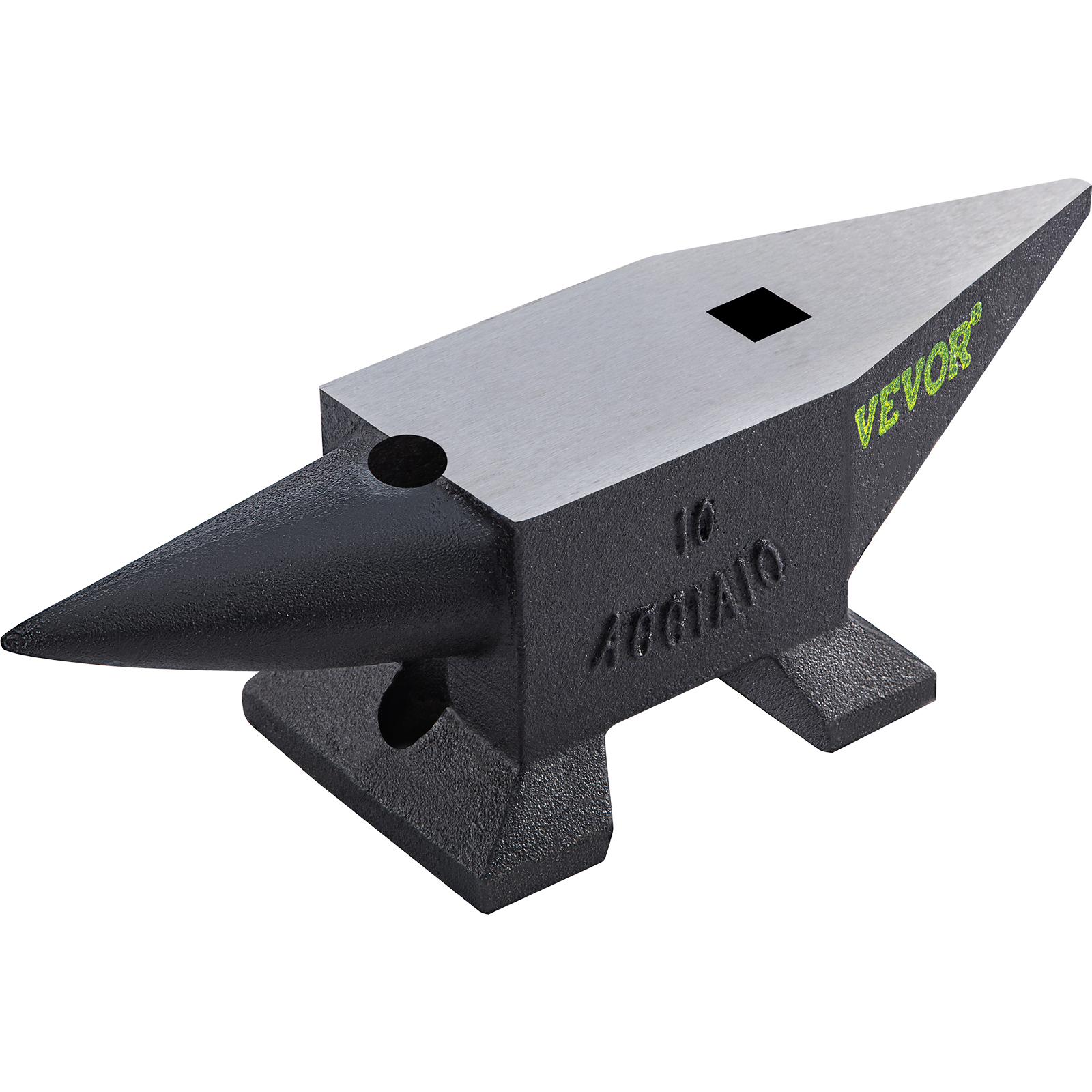black VEVOR cast steel anvil with polished surface and horn end, featuring logo and weight marking.
