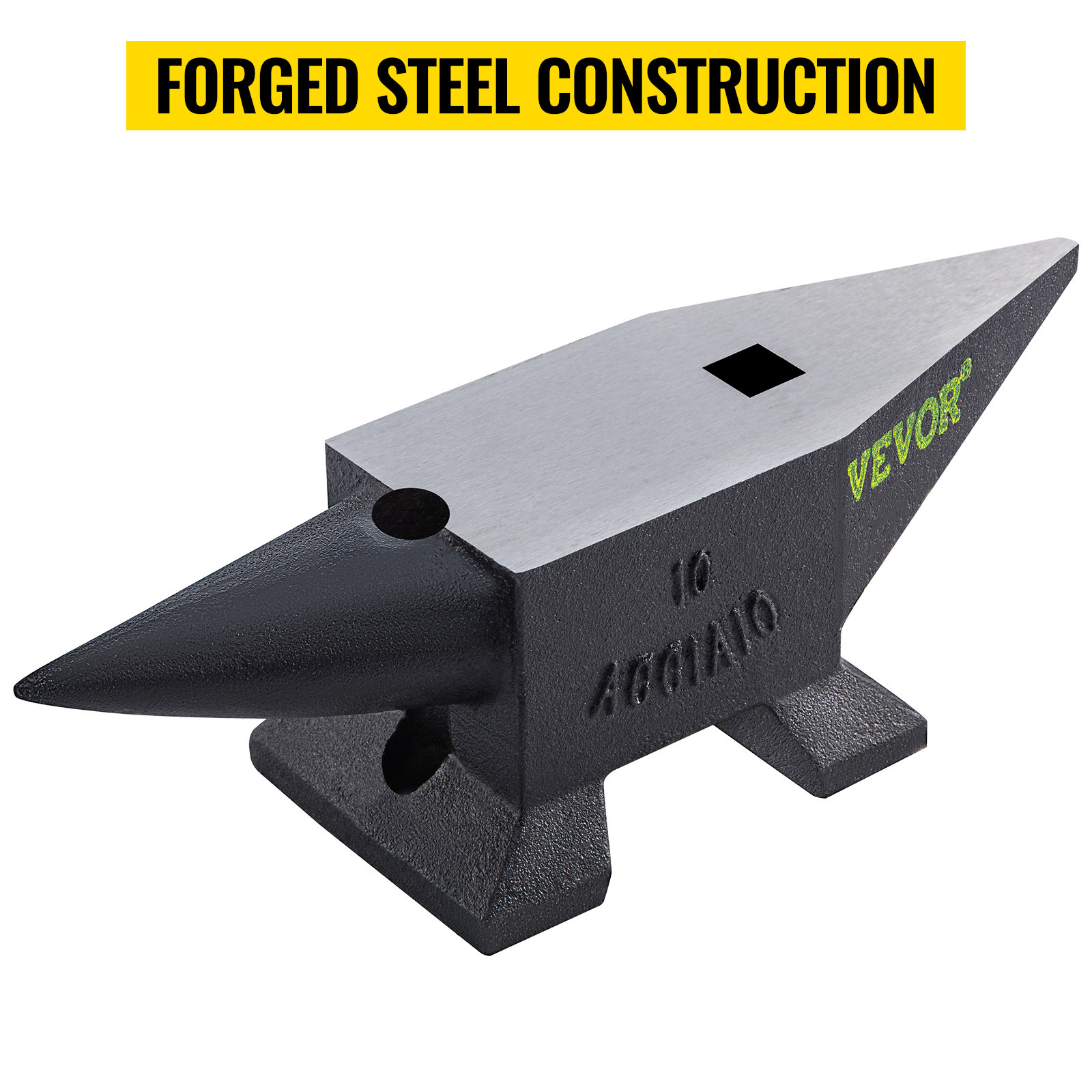 VEVOR cast steel anvil with flat base and pointed horn, labeled "forged steel construction".