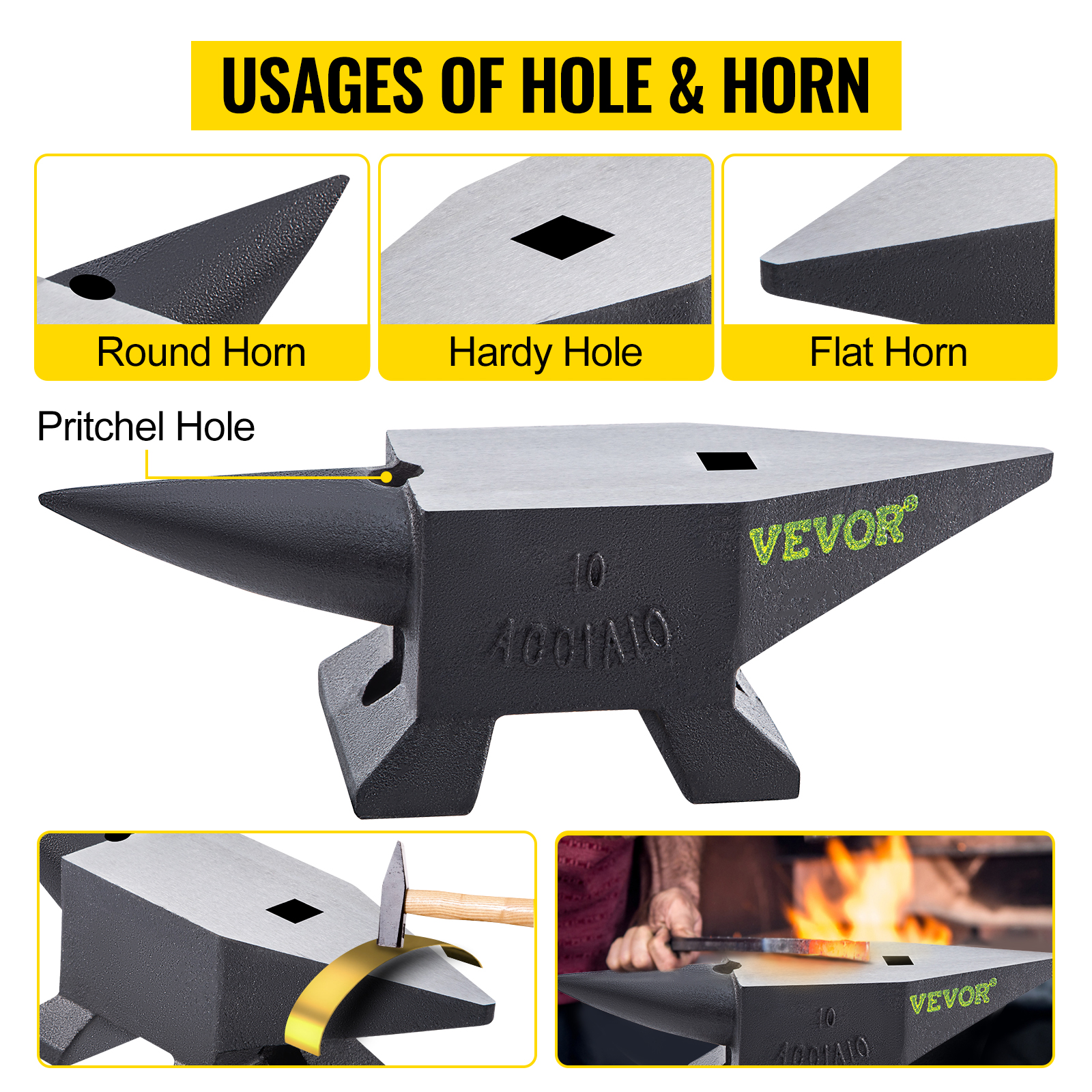 VEVOR cast steel anvil uses: round horn, hardy hole, flat horn, pritchel hole for blacksmithing.