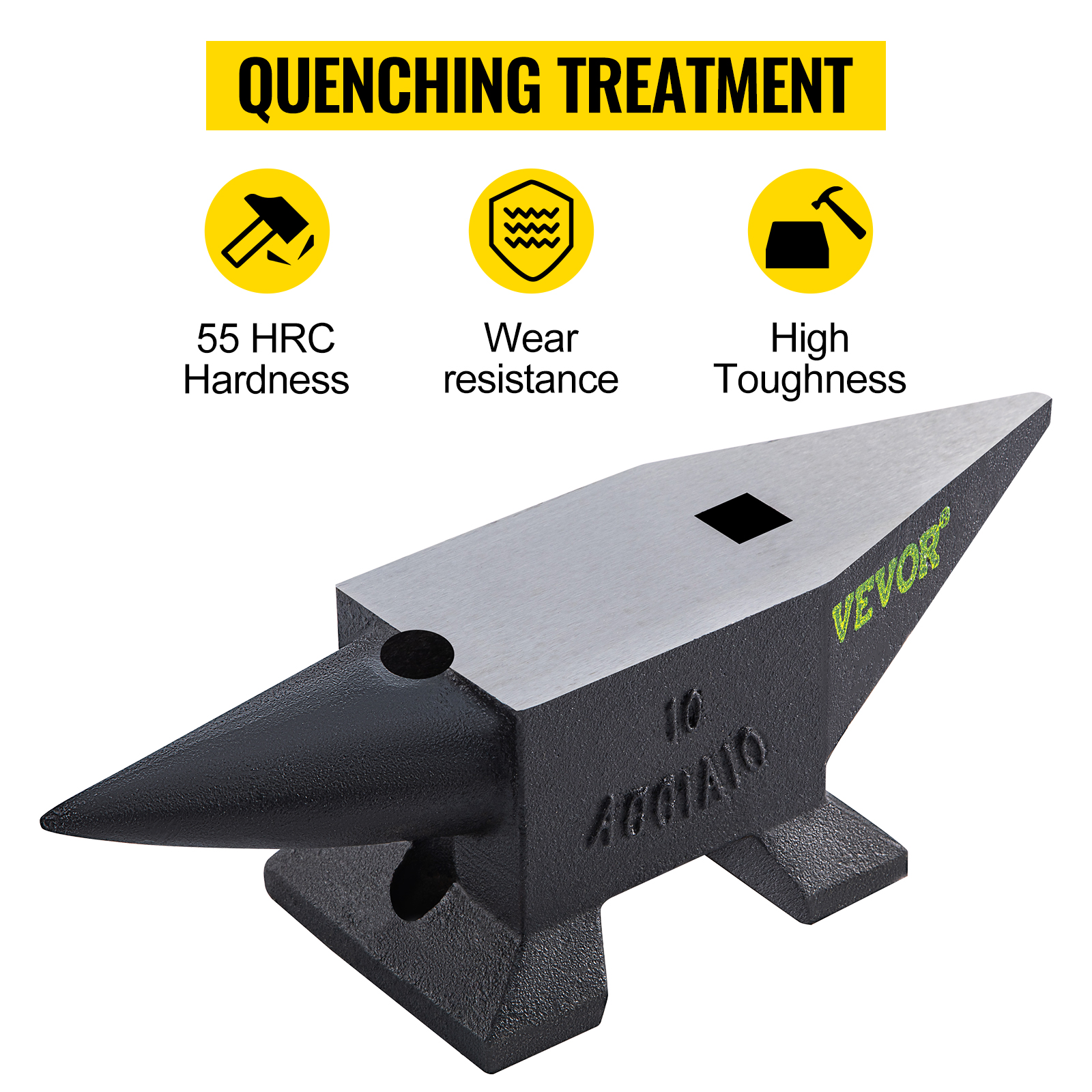 VEVOR cast steel anvil with 55 hrc hardness, wear resistance, and high toughness, quenching treatment.