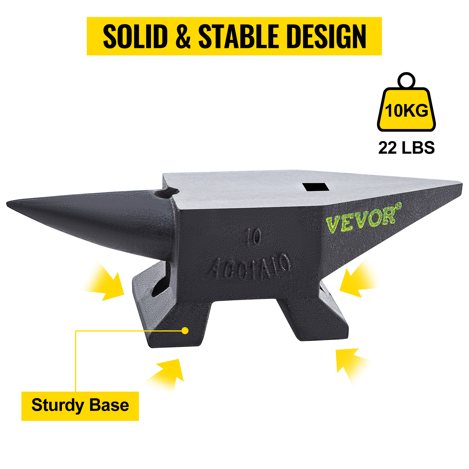 VEVOR cast steel anvil, 10kg 22lbs, solid and stable design with sturdy base.
