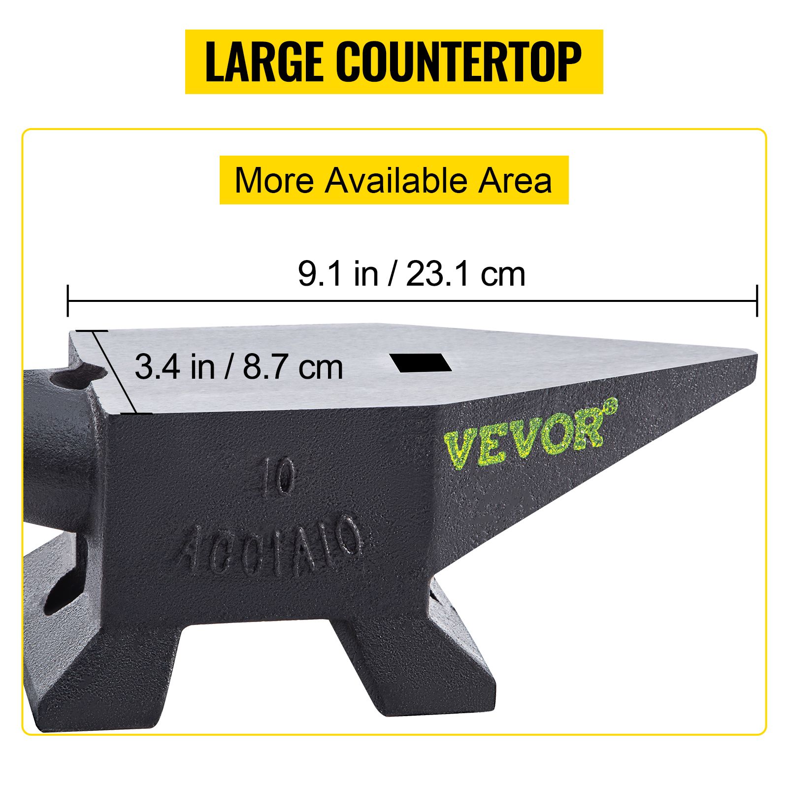 VEVOR cast steel anvil with large countertop 23.1 cm x 8.7 cm, highlighting available work area.