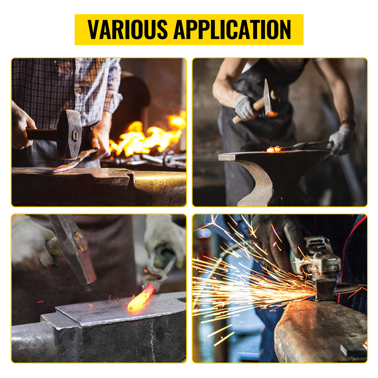 blacksmiths use VEVOR cast steel anvil in various applications, hammering and shaping hot metal with sparks flying.