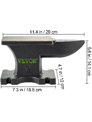 VEVOR cast iron anvil with dimensions: 11.4 x 7.3 x 5.6 inches.