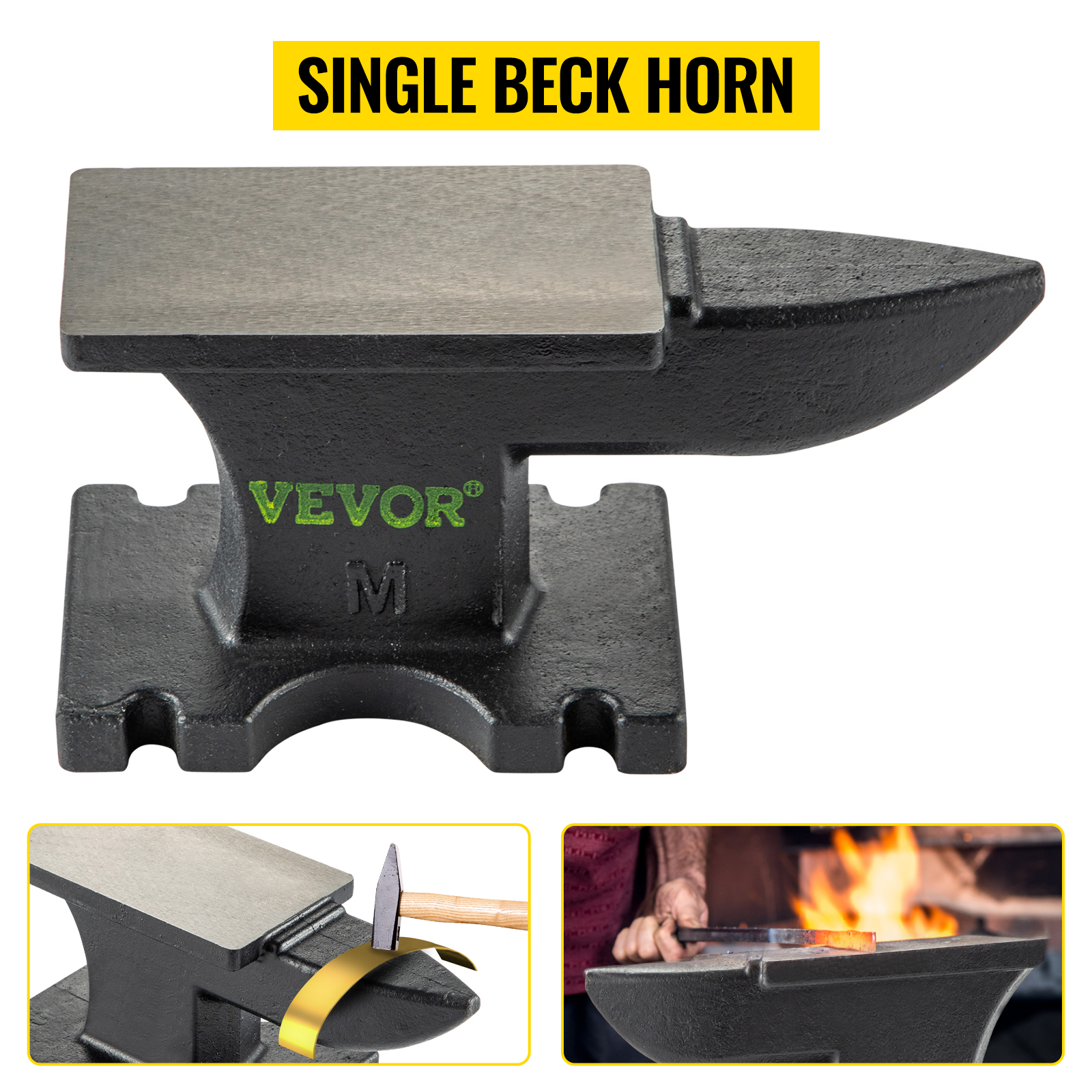VEVOR cast iron anvil with single beck horn, close-up details, and usage scenarios.