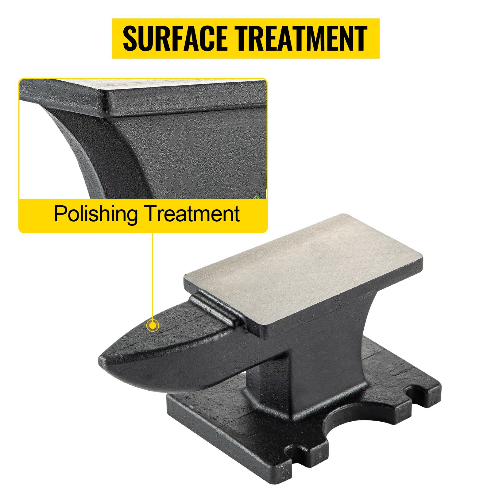 VEVOR cast iron anvil with a polished surface treatment for improved durability.