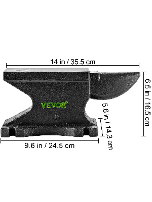 black VEVOR cast iron anvil with dimensions labeled 14 in x 6.5 in x 9.6 in.