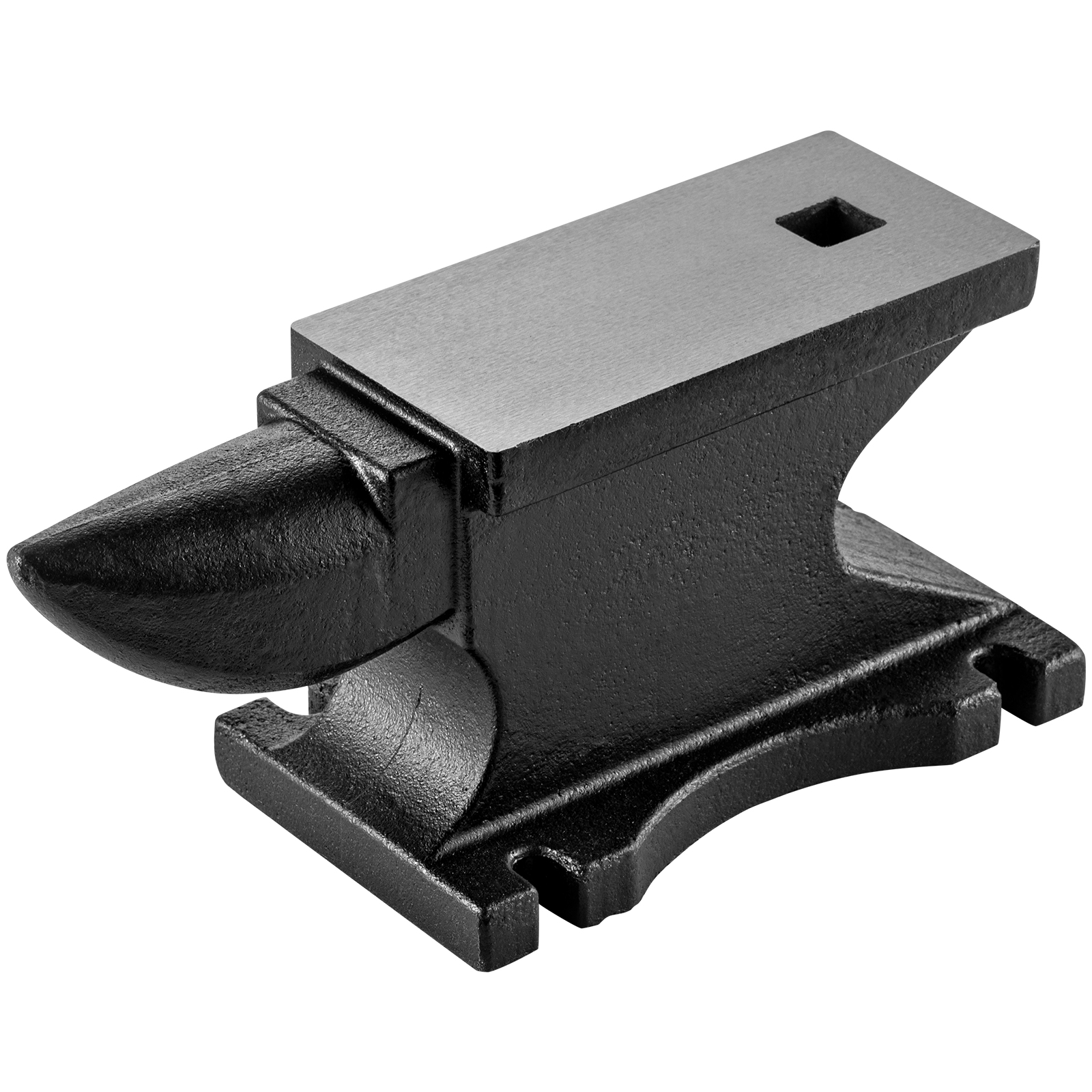 black VEVOR cast iron anvil with a square hole on a flat top surface.