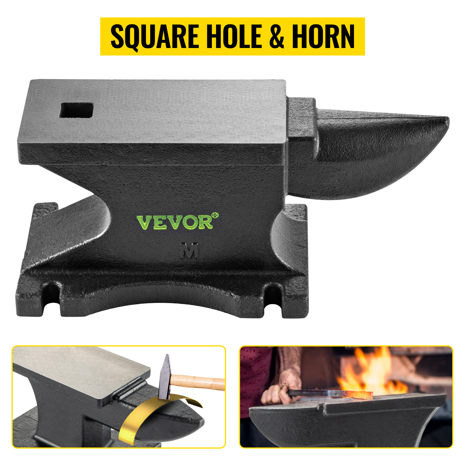VEVOR cast iron anvil with square hole and horn, showcasing blacksmith usage.