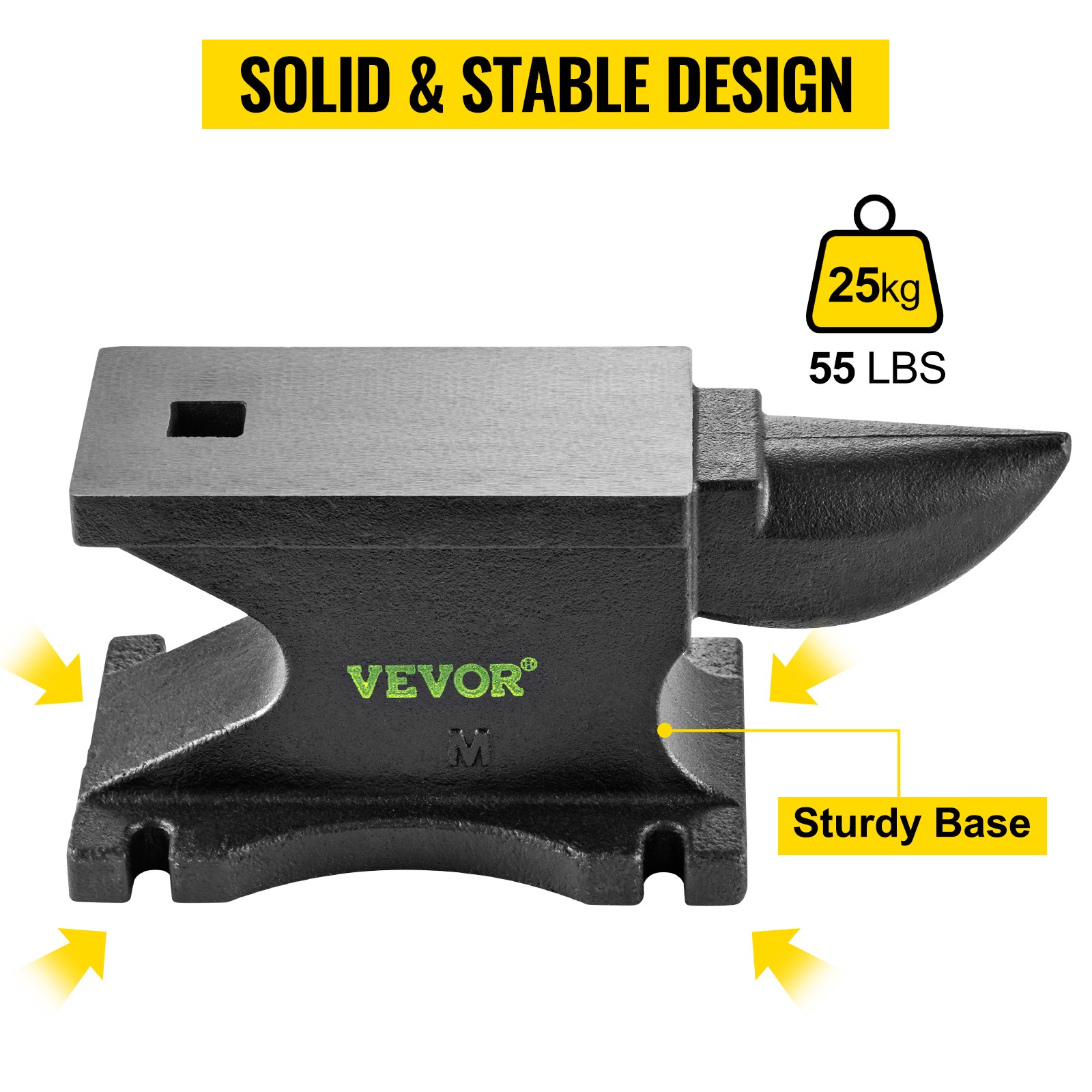 VEVOR cast iron anvil with sturdy base, weighing 25kg (55lbs), solid and stable design.