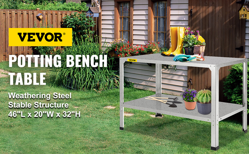 VEVOR potting bench on garden lawn, displaying plants, tools, and yellow boots.