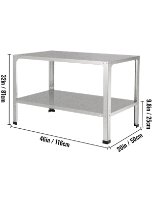 VEVOR potting bench with two shelves and dimensions marked in inches and centimeters.