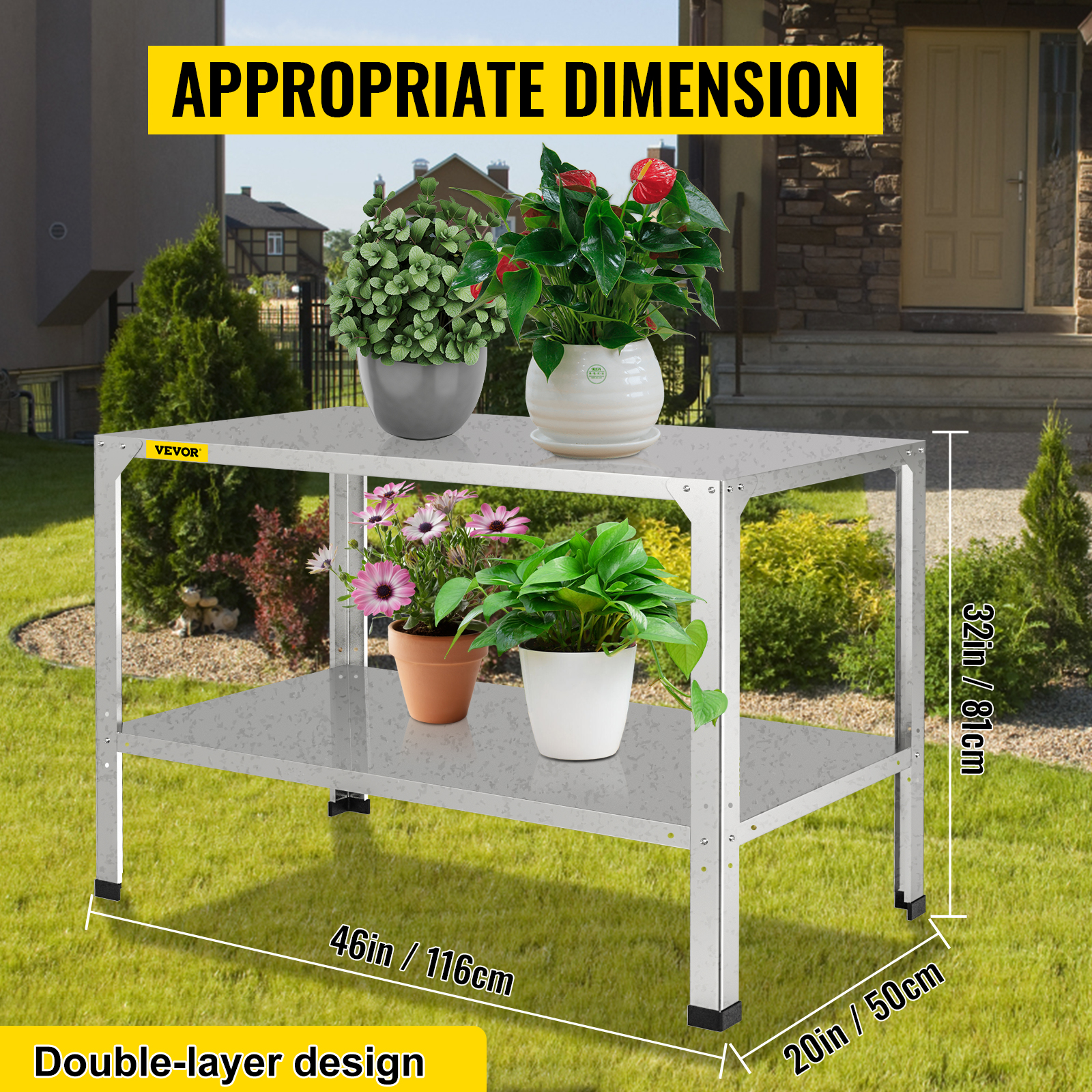 VEVOR potting bench with double-layer design and plants in garden. dimensions: 46x20x32in.