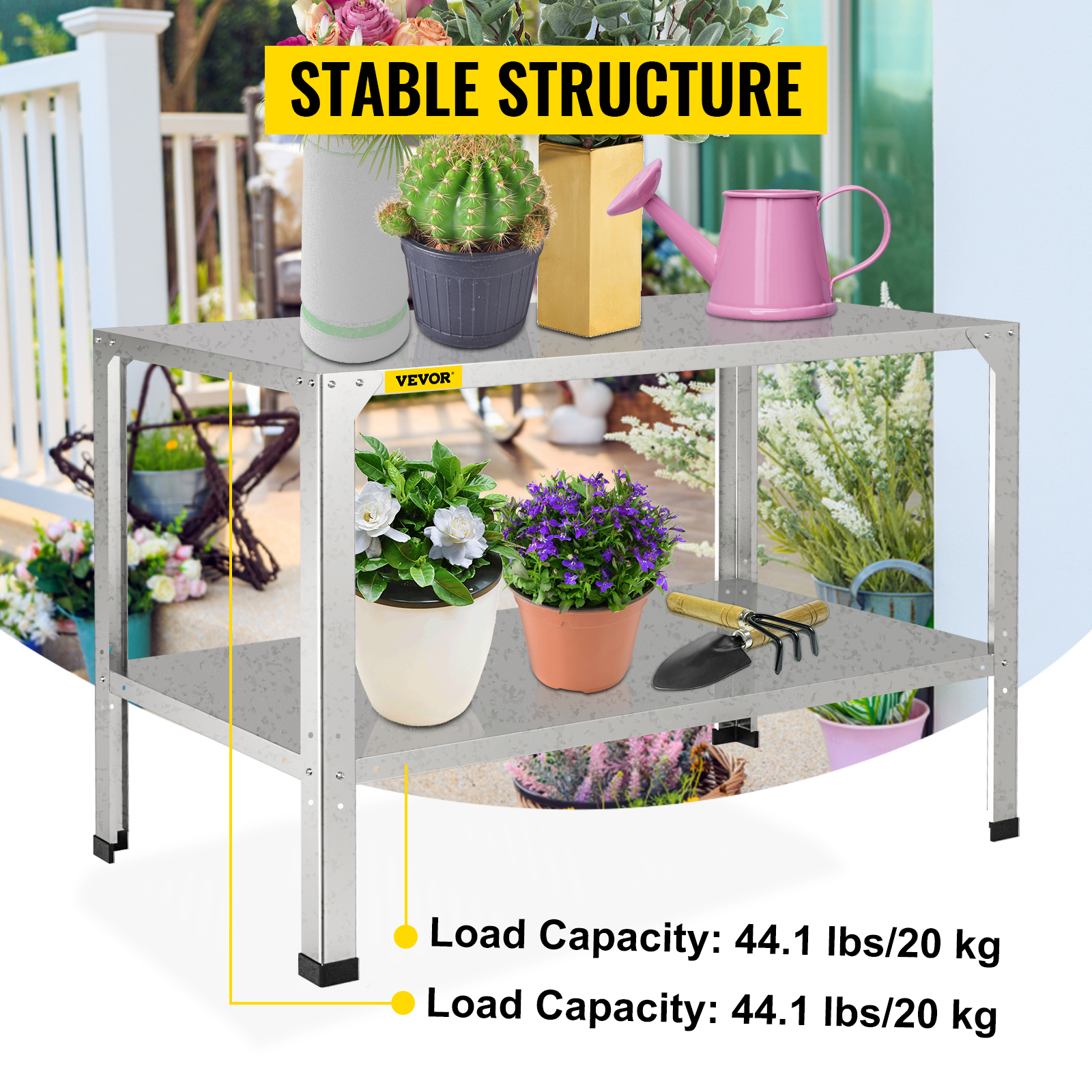 VEVOR potting bench with potted plants, water can, and garden tools on a porch.