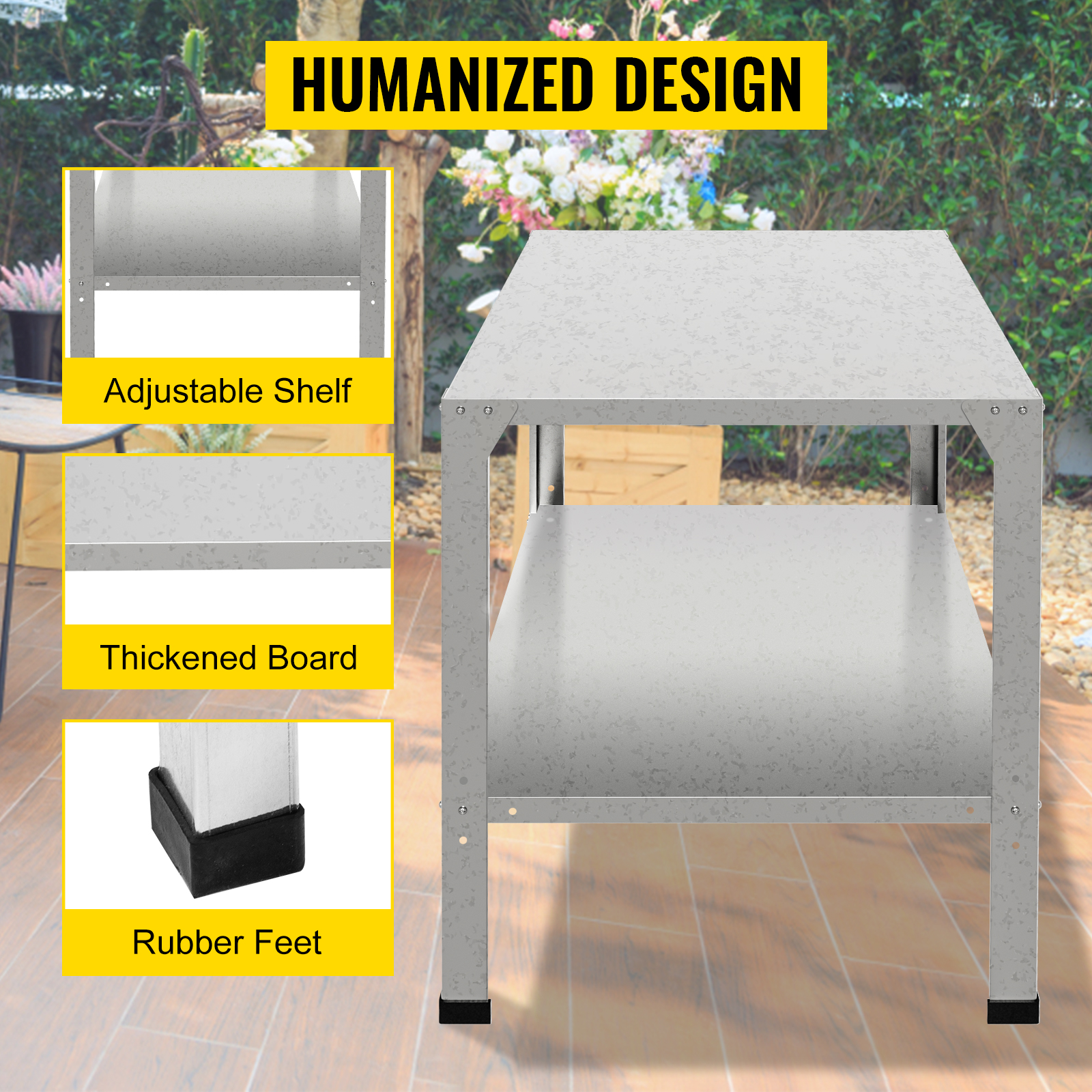 VEVOR potting bench with adjustable shelf, thickened board, and rubber feet, in garden.