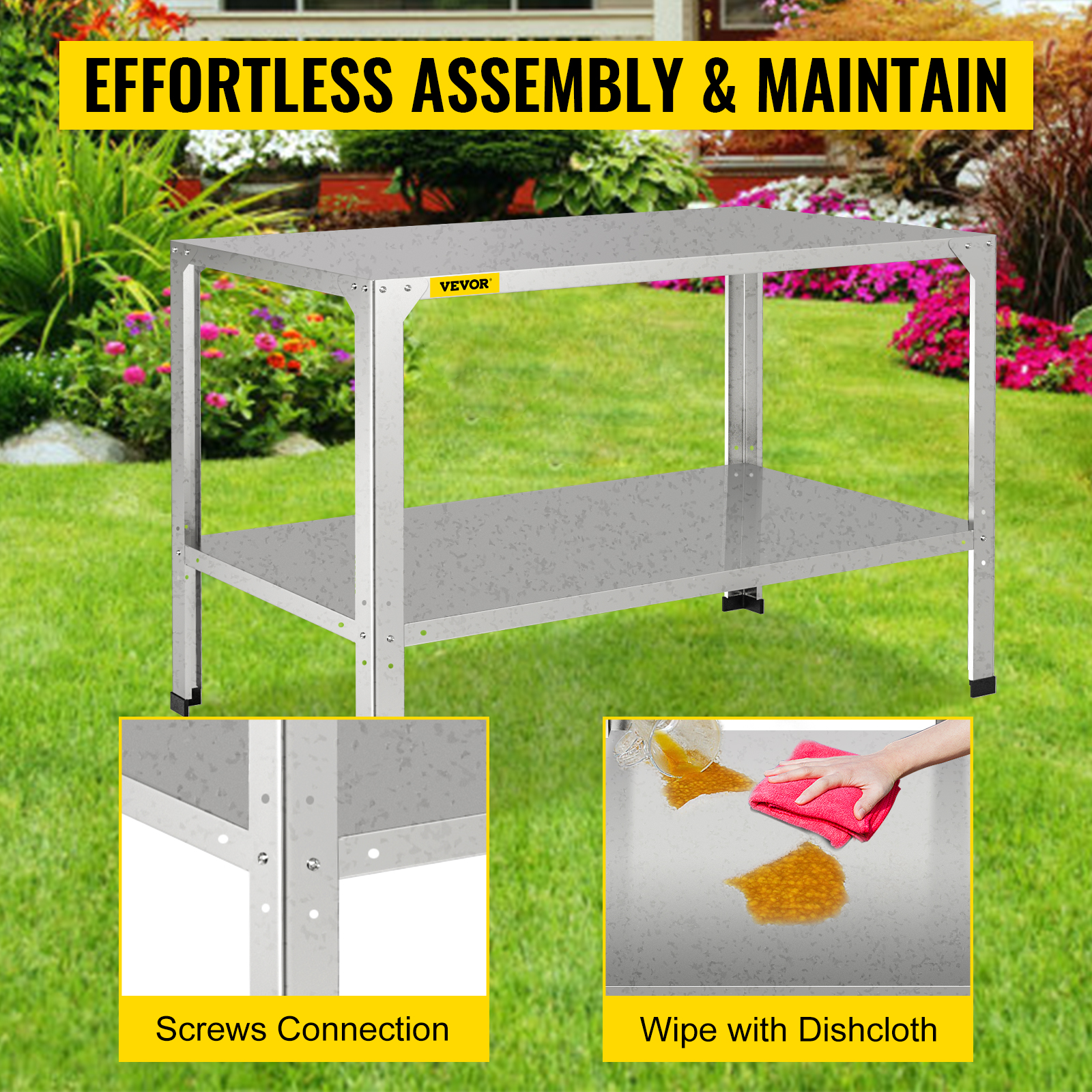 VEVOR potting bench in a garden with easy assembly and low maintenance instructions.