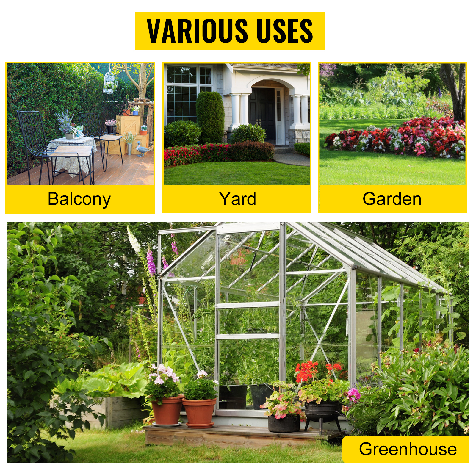 various uses for VEVOR potting bench in balcony, yard, garden, and greenhouse.