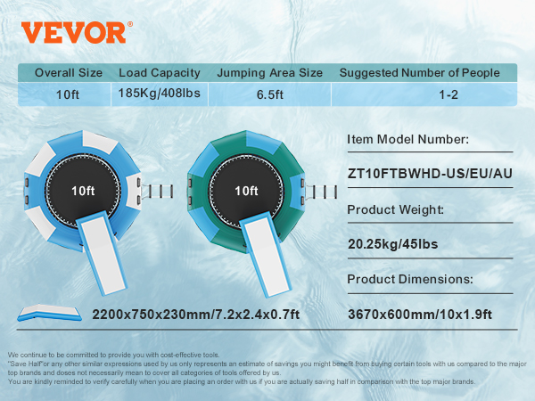 VEVOR inflatable water trampoline, 10ft size, 408lbs load capacity, 6.5ft jumping area.