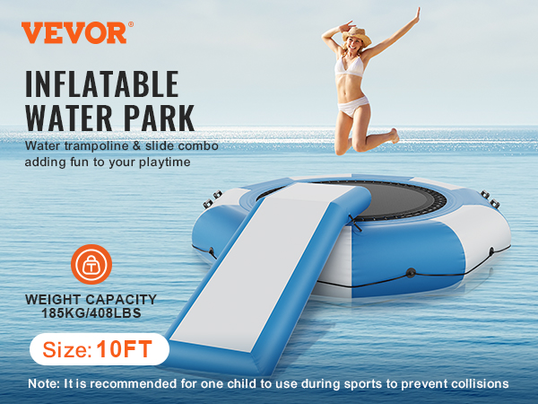VEVOR inflatable water trampoline and slide with a person jumping on it in a serene ocean setting.
