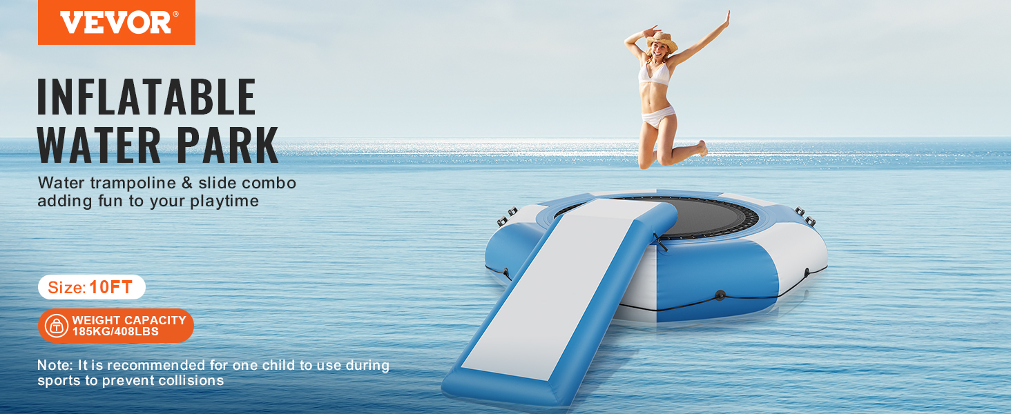 VEVOR inflatable water trampoline and slide with a person jumping on it in a serene ocean setting.