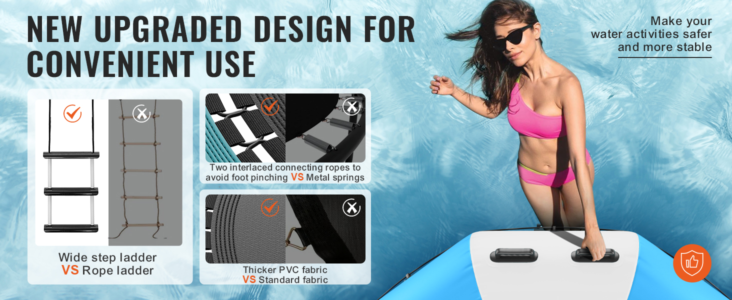 updated VEVOR inflatable water trampoline design with wide step ladder, interlaced ropes, thicker pvc fabric.
