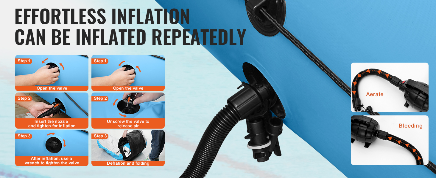 inflation steps for the VEVOR inflatable water trampoline with valve and hose connections.