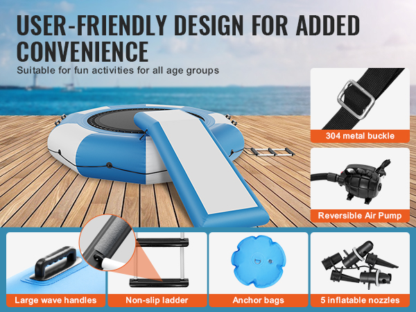 VEVOR inflatable water trampoline with air pump, wave handles, non-slip ladder, and patch pieces on dock.