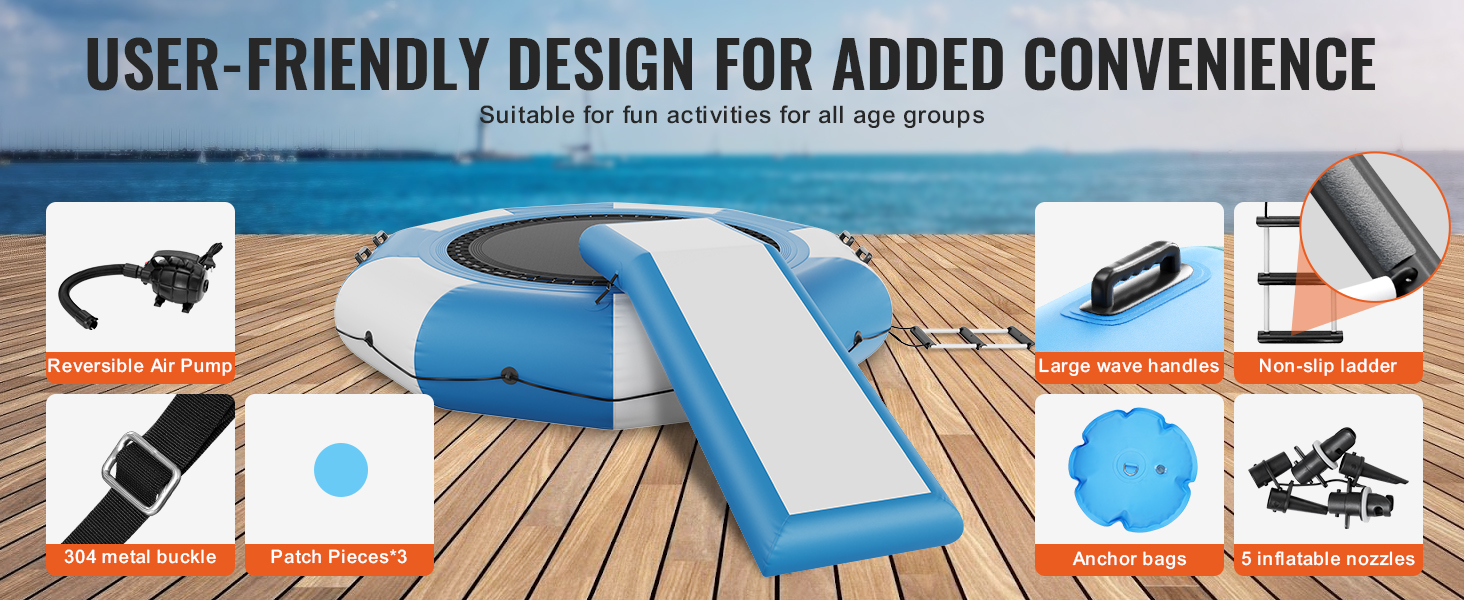 VEVOR inflatable water trampoline with air pump, wave handles, non-slip ladder, and patch pieces on dock.