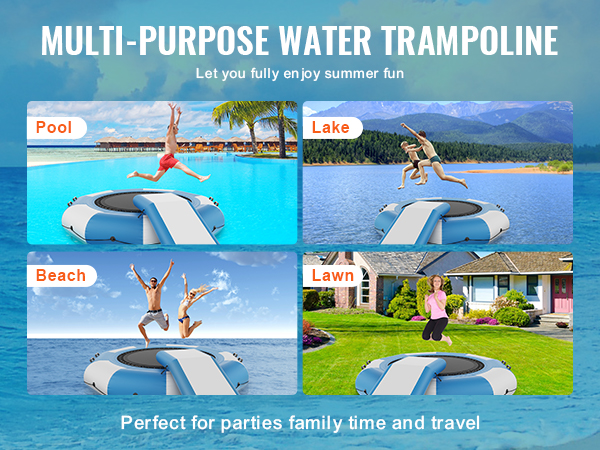 multi-purpose VEVOR inflatable water trampoline for pool, lake, beach, and lawn activities.