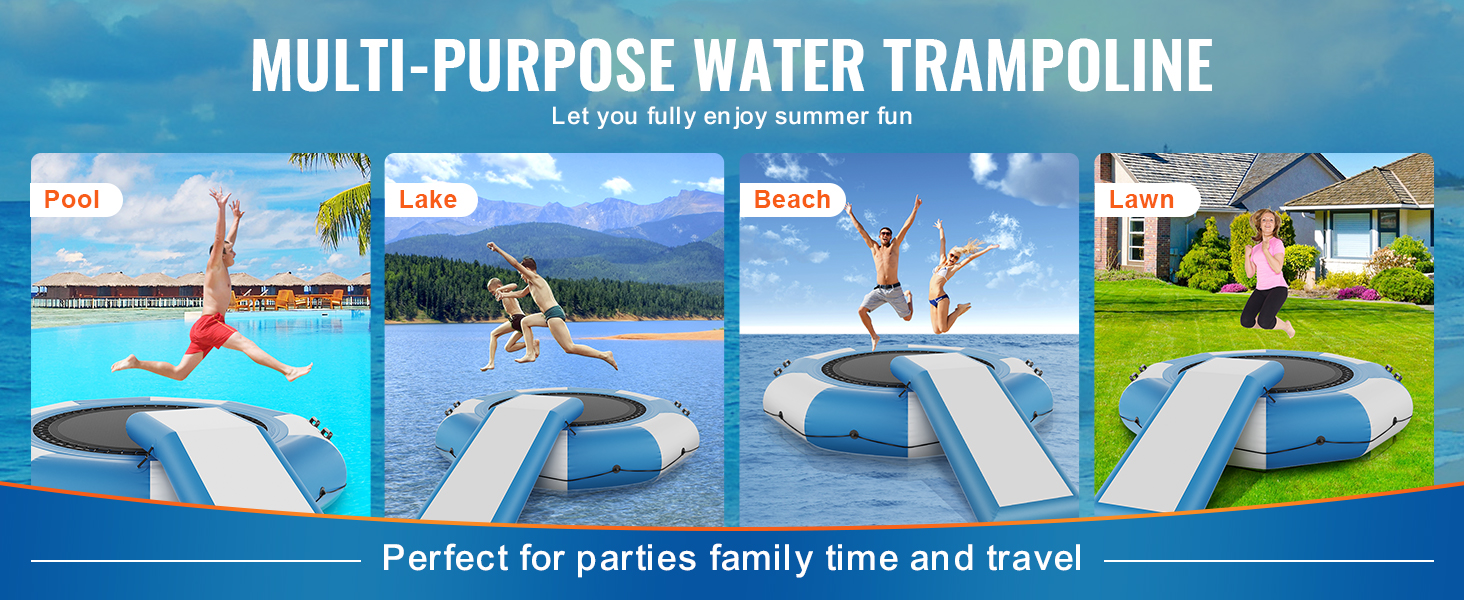 multi-purpose VEVOR inflatable water trampoline for pool, lake, beach, and lawn activities.