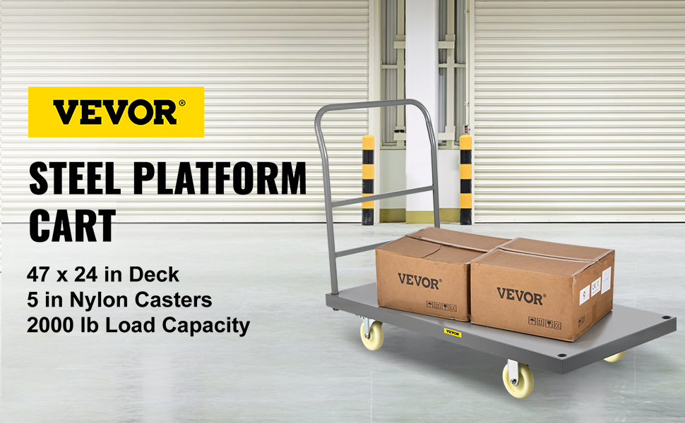 VEVOR platform truck with two cardboard boxes, 47x24 in deck, 5 in nylon casters, 2000 lb load capacity.
