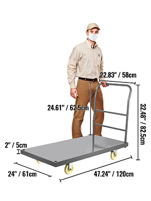 VEVOR platform truck dimensions: 47.24" x 24", handle height 32.48", platform height 2".