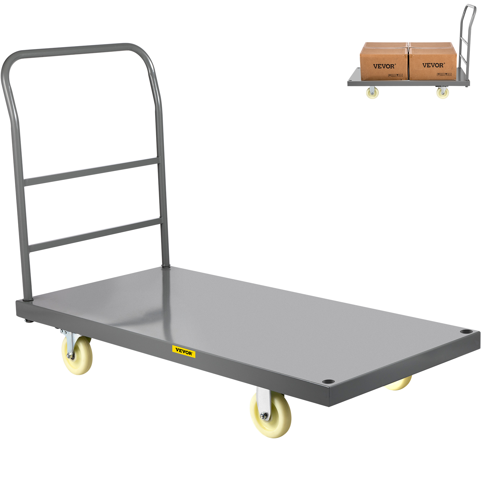 VEVOR platform truck with four yellow wheels and a steel frame, loaded with two cardboard boxes.